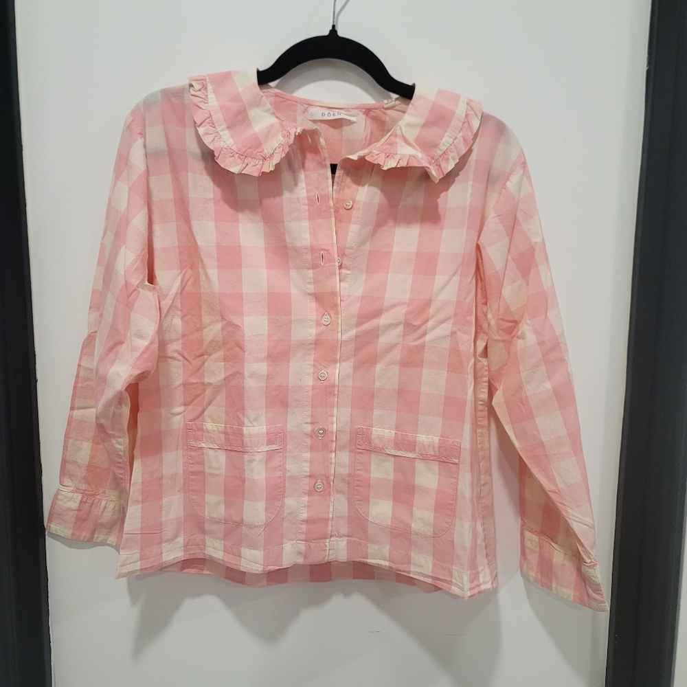 DÔEN Paz Pajama Set in Rosette Gingham Pink White Organic Cotton XS Cottagecore - Picture 9 of 17